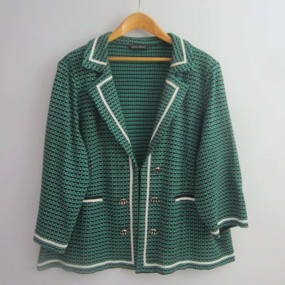 Vtg Ming Wang Womens Plus 3X Green White Black Striped Cardigan Blazer Knit